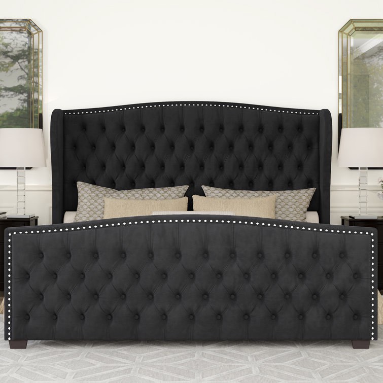 Black DuJuan Deep Button Tufted Upholstered Bed with Nailhead Trim Wingback Headboard
