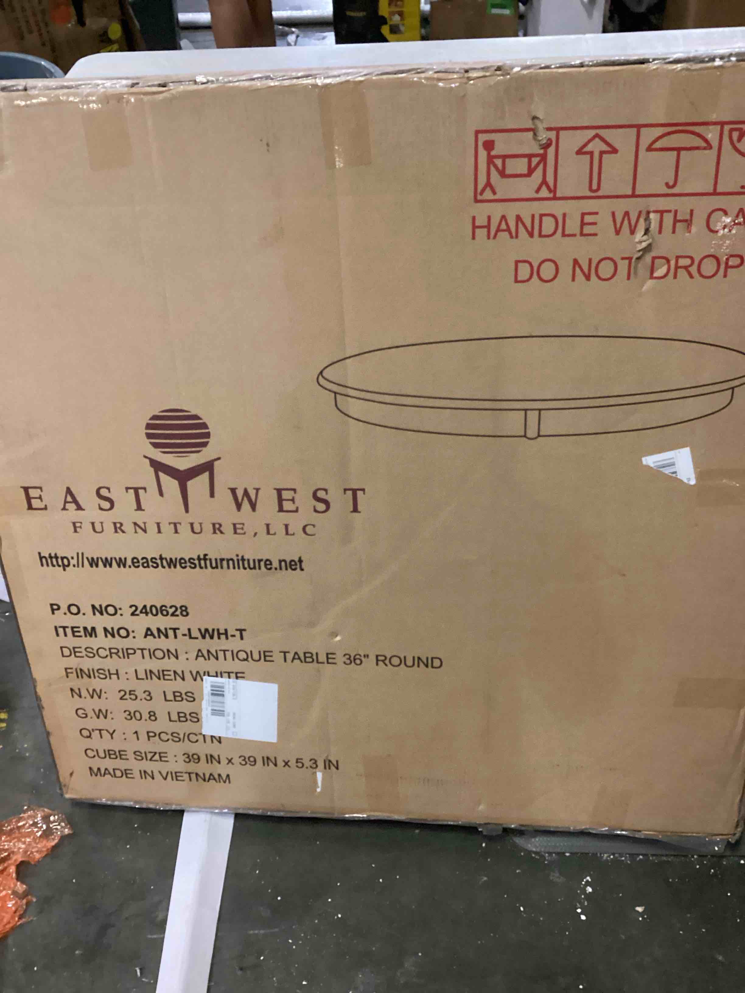 (The base is missing )East West Furniture ANT-LWH-TP Antique Dining Room Table - a Round kitchen Table Top with Pedestal Base, 36x36 Inch, Linen White
