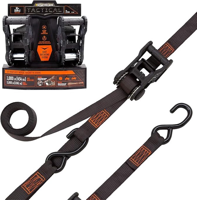 SmartStraps 10’ Tactical Ratchet Straps, 2 Pack — Heavy Duty Tie-Down Straps — 3,000lb Break Strength, 1,500lb Safe Work Load — Haul Dirt Bikes, ATVs, and Mowers