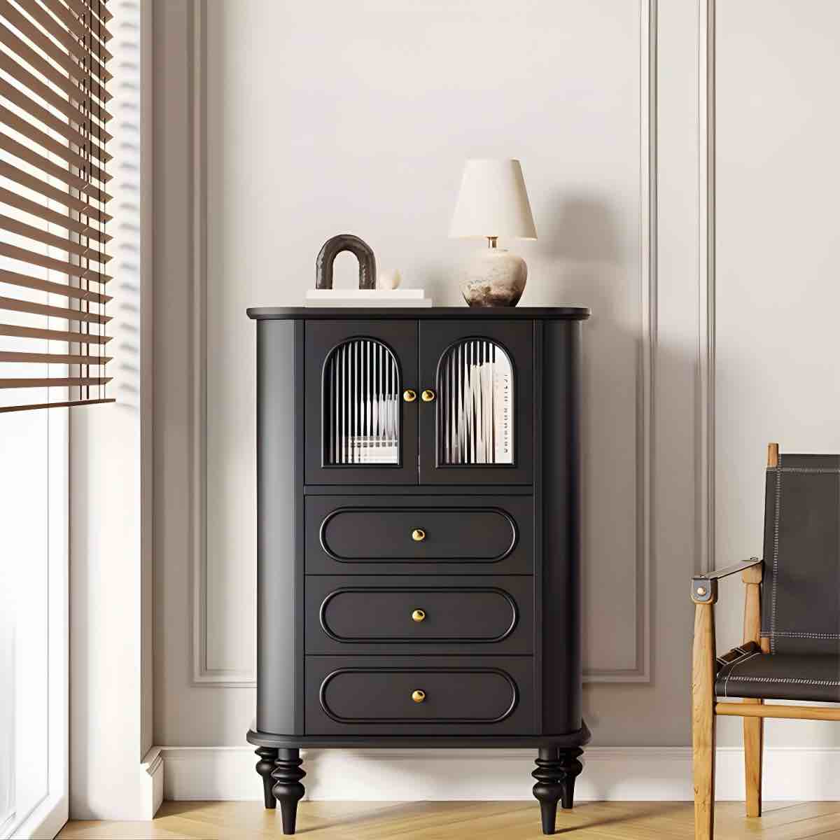 Elegant Scandinavian Combo Dresser with Shelves and Cabinets in Wood Finish - Black