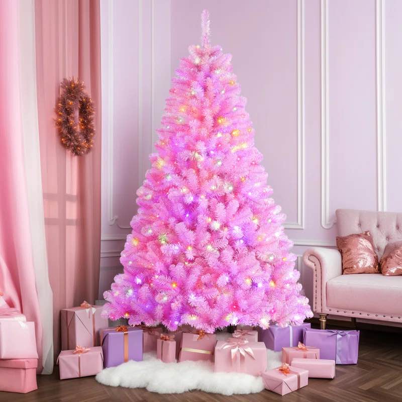 Prelit Christmas Tree With Remote Control,Timer, Warm White & Color LED Changing Lights,Pink