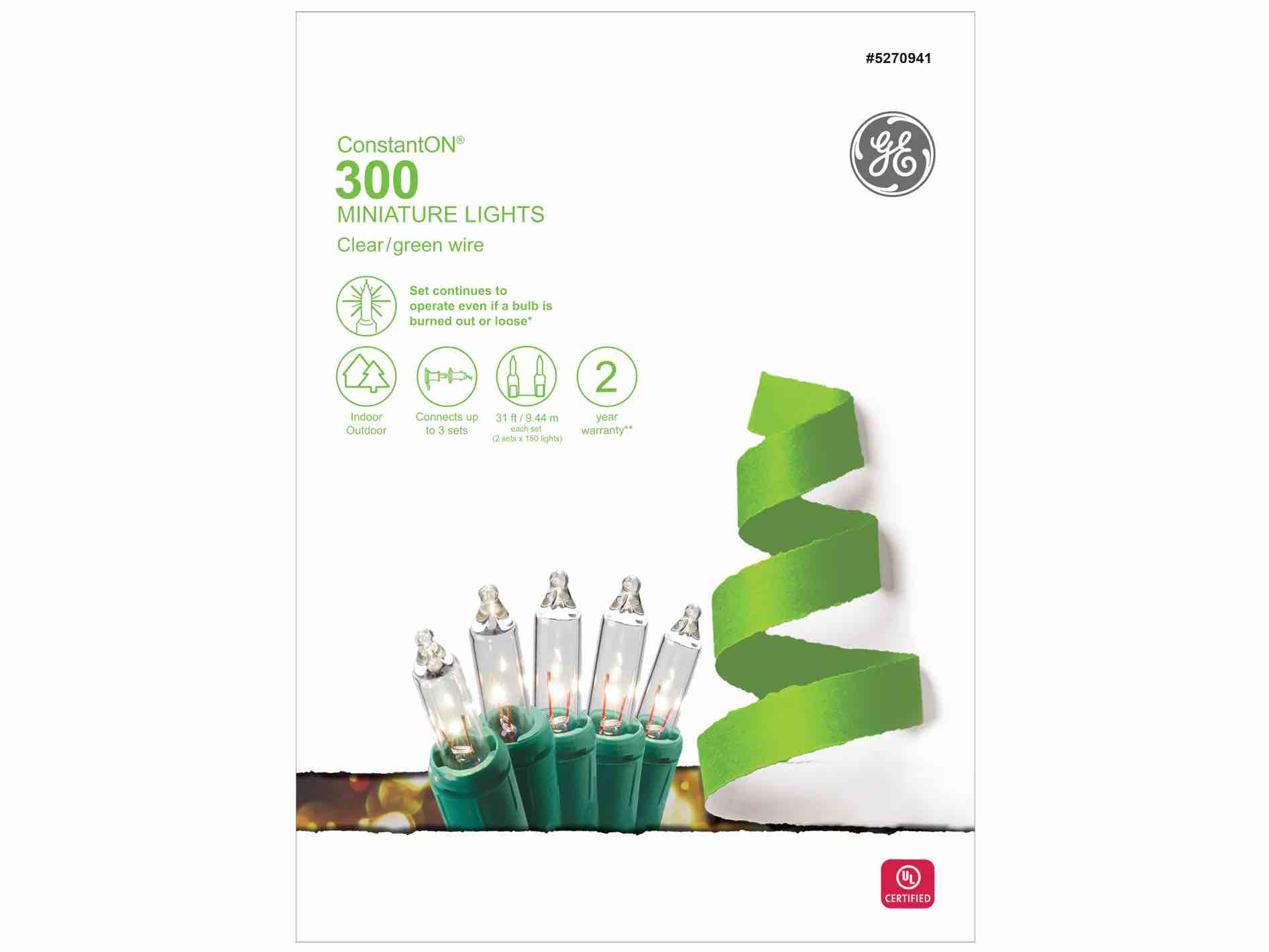  GE 300-count 62 Ft ConstantON Clear Incandescent String Christmas Lights