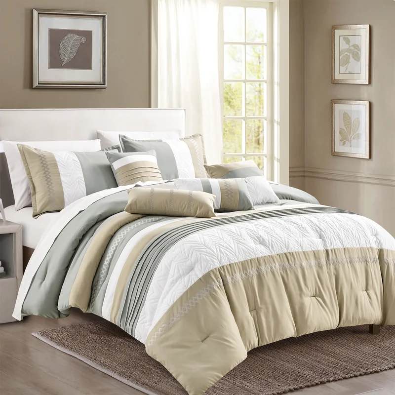 7 Pieces Embroidered Comforter Set Modern Color Block Patchwork Bed in A Bag