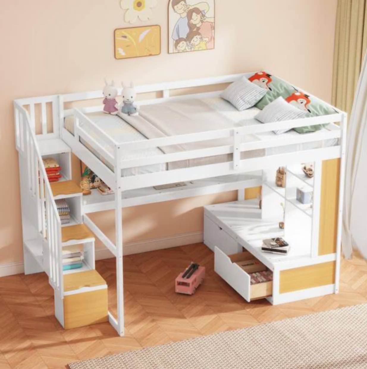 (SIMILAR ) (INCOMPLETE) Natural and White Full Loft Bed with Desk and Storage Staircase