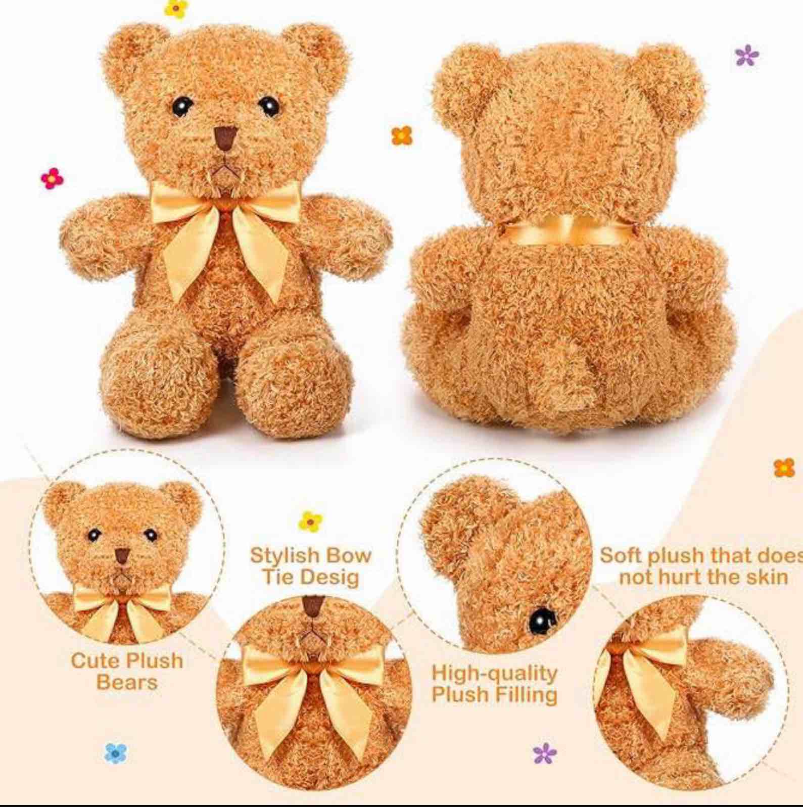 Bears Stuffed Animal Soft Plush Toys 12 Inches Cute Bear Small Shaggy Bear with Hoodie Bow Tie for Kids Boys Girls Baby Shower Birthday Party (Light Brown, Bow Tie Style)