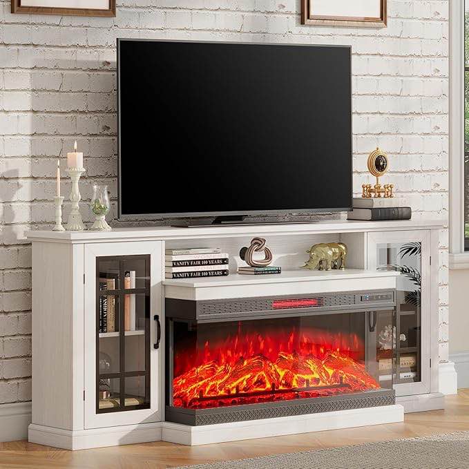 (BOX 1 OF 2 ) 75In 3 Sided Fireplace TV Stand For White TV Stand Box 1 Of 2