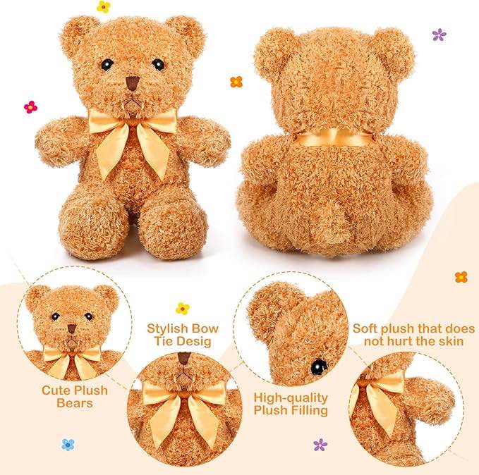 Bears Stuffed Animal Soft Plush Toys 12 Inches Cute Bear Small Shaggy Bear with Hoodie Bow Tie for Kids Boys Girls Baby Shower Birthday Party (Light Brown, Bow Tie Style)