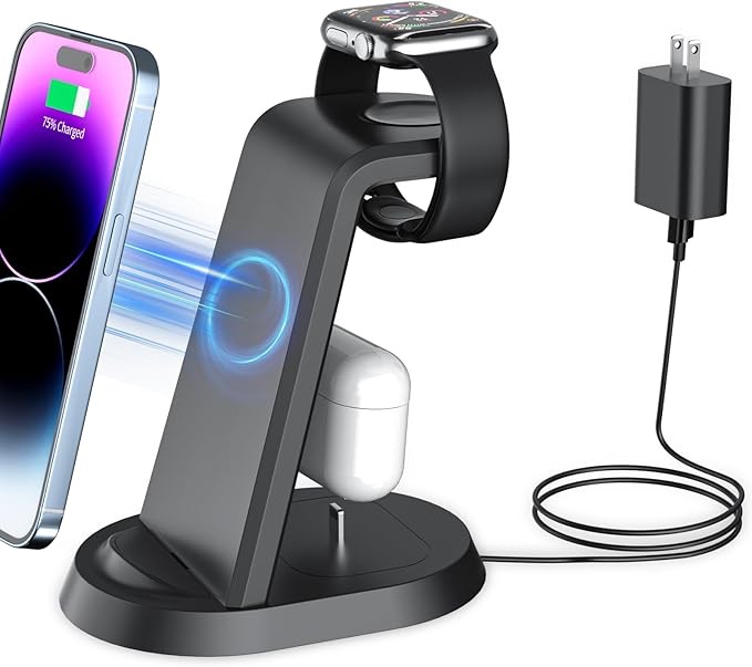 3 in 1 Charging Station for iPhone, Wireless Charger for iPhone 14 13 12 11 X Pro Max & Apple Watch - Charging Stand Dock for AirPods
