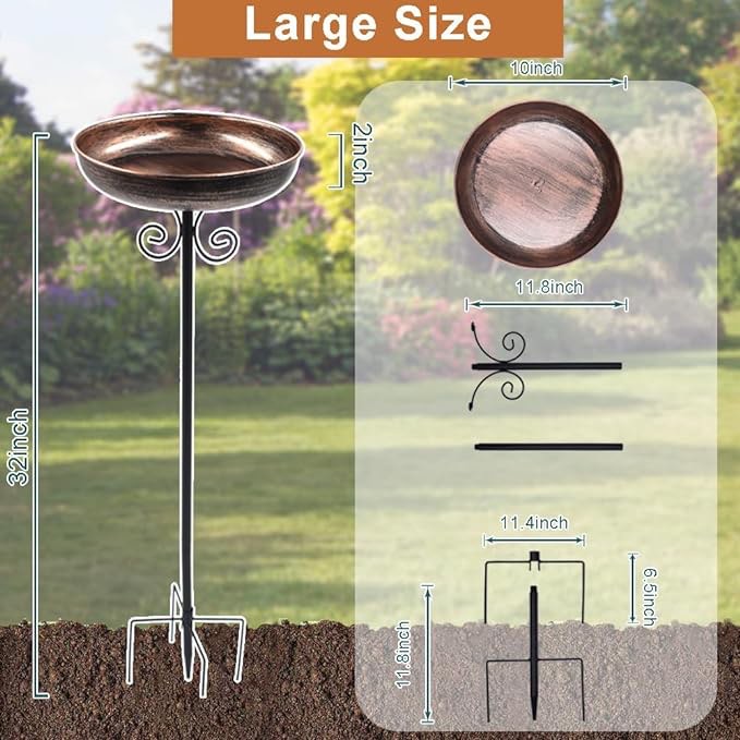OUISJYER Metal Bird Baths for Outdoors, Birdbath & Birdfeeder with Metal Stake Garden Yard Lawn Decor 12inches