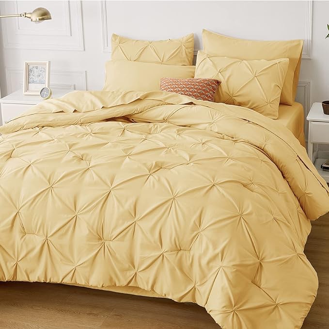 Bedsure Yellow King  Comforter Set - Bed in a Bag king  7 Pieces, Pintuck Beddding Sets Yellow Bed Set with Comforter, Sheets, Pillowcases & Shams