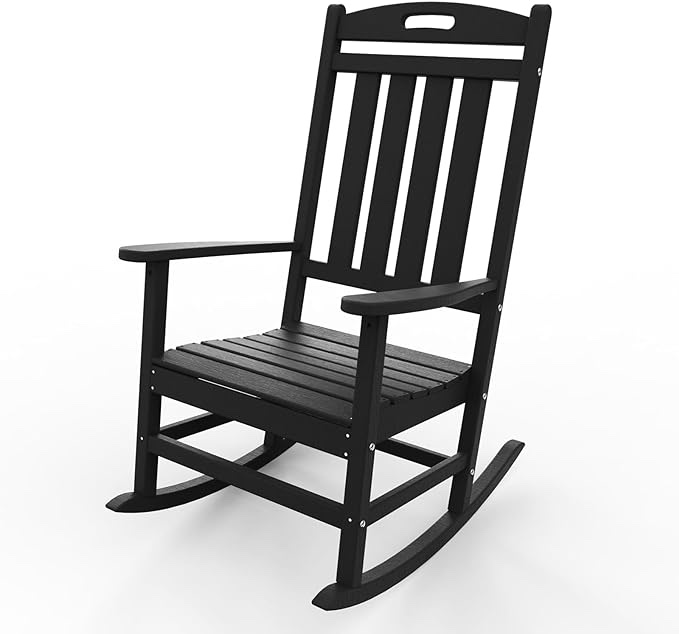 POLYDUN Outdoor Rocking Chairs, High Back Poly Lumber Patio Rocker Chair, 365Lbs Support Rocking Chairs, All-Weather Porch Rocking Chair for Lawn, Backyard, Indoor, Garden, Like Real Wood, Mahogany 1 Pack Mahogany( black)