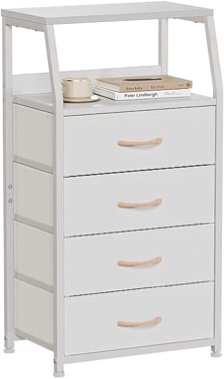 Furnulem Tall 4 Drawers Dresser, Vertical Storage Tower for Bedroom, Hallway, Entryway, Nursery, Closet Organizer, Nightstand Bedside Table Furniture, Sturdy Steel Frame, Wood Top, White