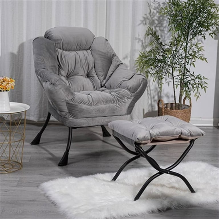 Triple Tree Modern Cotton Plain Side Pocket Accent Chair with Ottoman, Light Gray