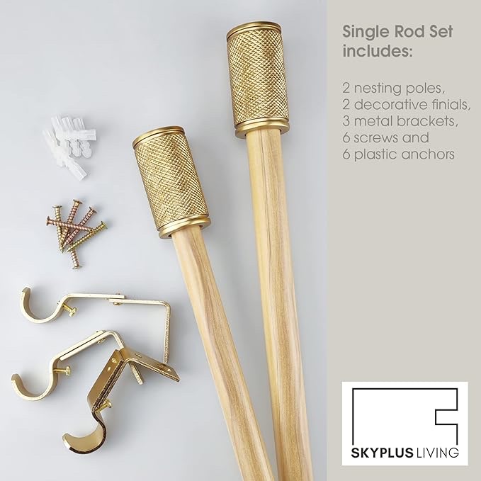SKYPLUS LIVING Modern Style Single Curtain Rod Set with Gold Decorative Finial, 36-72 inch, Standard Single Drapery Rod for 1 Pack, 1 inch diameter, Adjustable Length (36-72'', Gold)