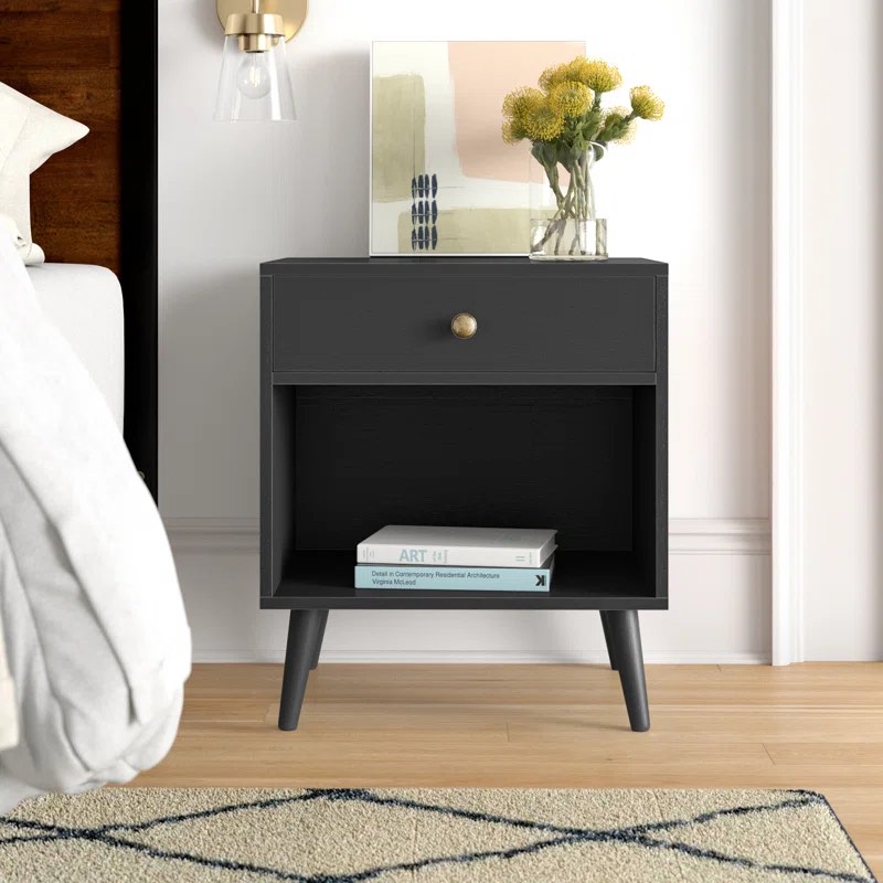 Vansant 1 - Drawer Nightstand with Drawer and Open Compartment, Solid Wood Legs