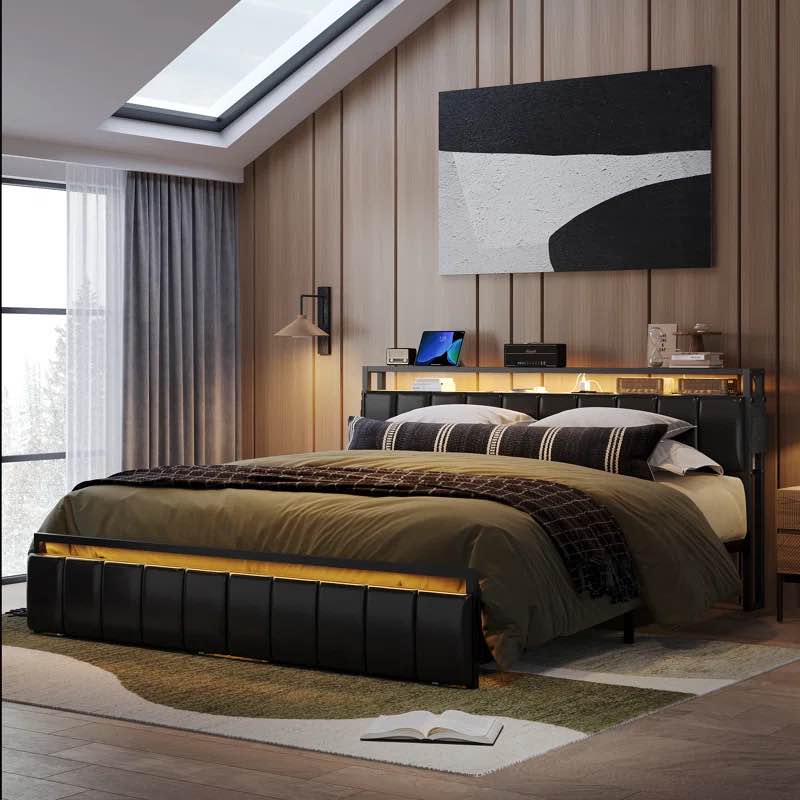 Brisna bed  with Pu leather upholstered storage headboard and Led 