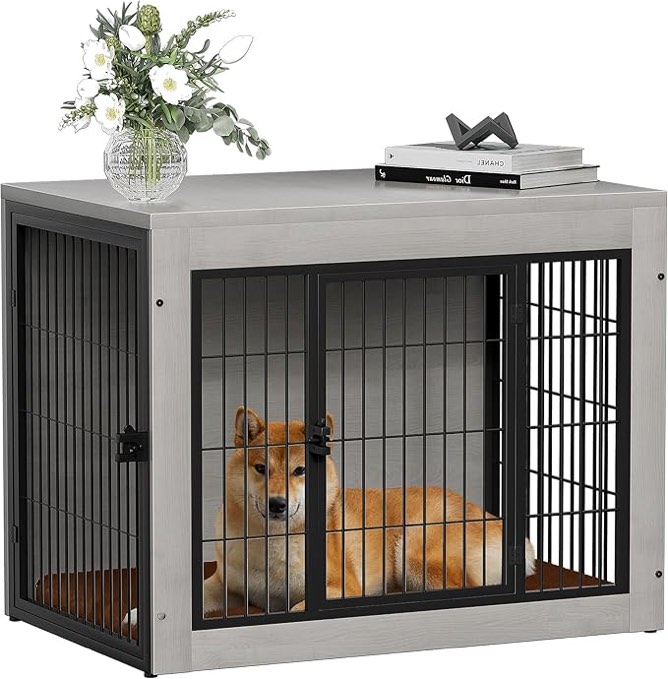 Bigrab Dog Crate Furinture with Thick Cushion, Side End Table Wooden Dog Cage with Double Doors, Chew-Resistant Dog Kennel Dog House Indoor for Small to Large Dog, L (Grey)