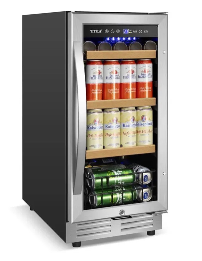 15" Beverage Refrigerator 130 Can Built-in Beer Cooler with Two Handle and Reversible Hinge