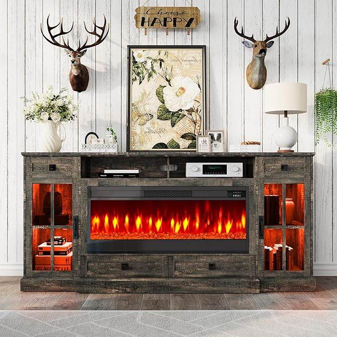 (similar,incomplete ) Farmhouse Fireplace TV Stand with LED Lights, 70'' Large Entertainment Center with 42" Fireplace for TVs up to 80'', Highboy TV Console Table with Glass Door for Living Room, Barnwood+White