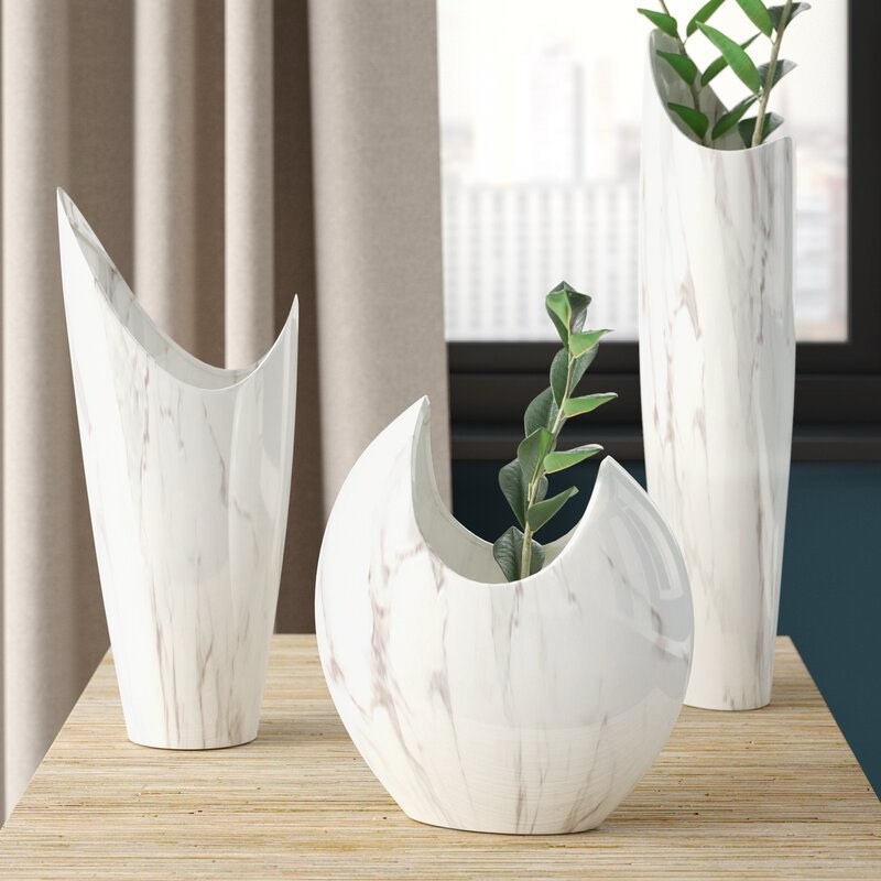 Pyron 3 Piece White/Charcoal Indoor / Outdoor Ceramic Table Vase Set