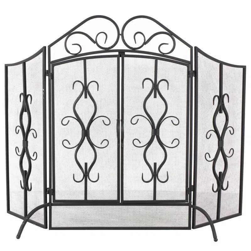Joelynn Metal Foldable Mesh Netting 3 Panel Scroll Gray Fireplace Screen