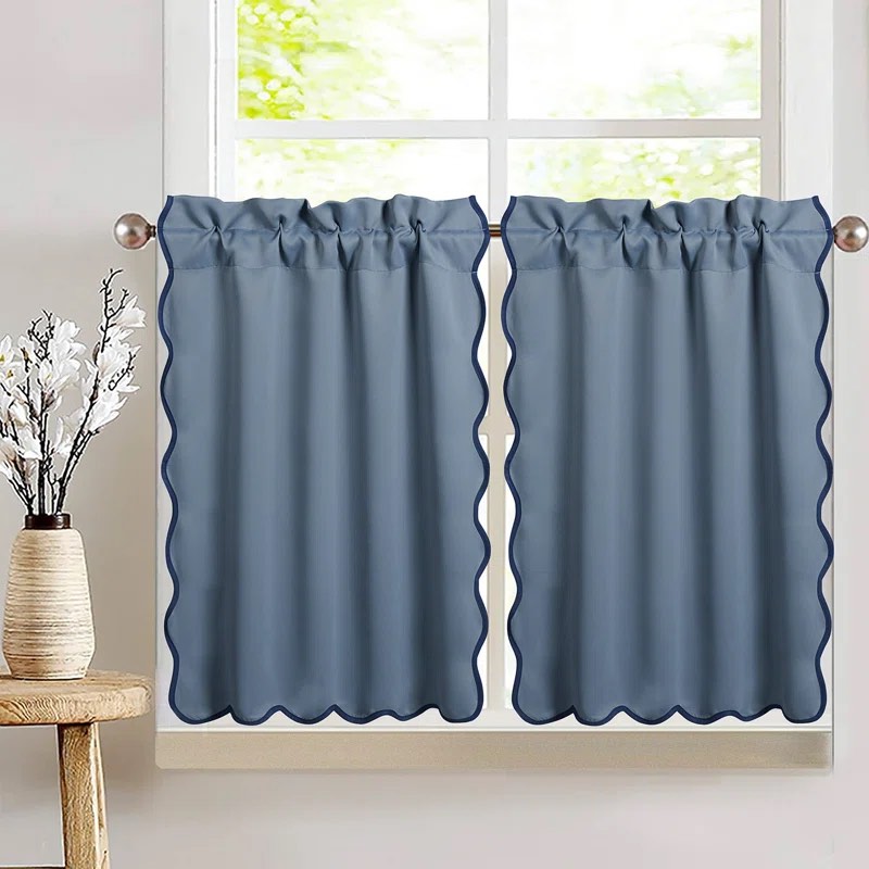 Scalloped Edge Kitchen Curtain 2 Panel Set,Scalloped Trim Drape Panel, Blackout Thermal Insulated, Decorative Drapes For Kitchen, Cabinet, Basement,Touring Car