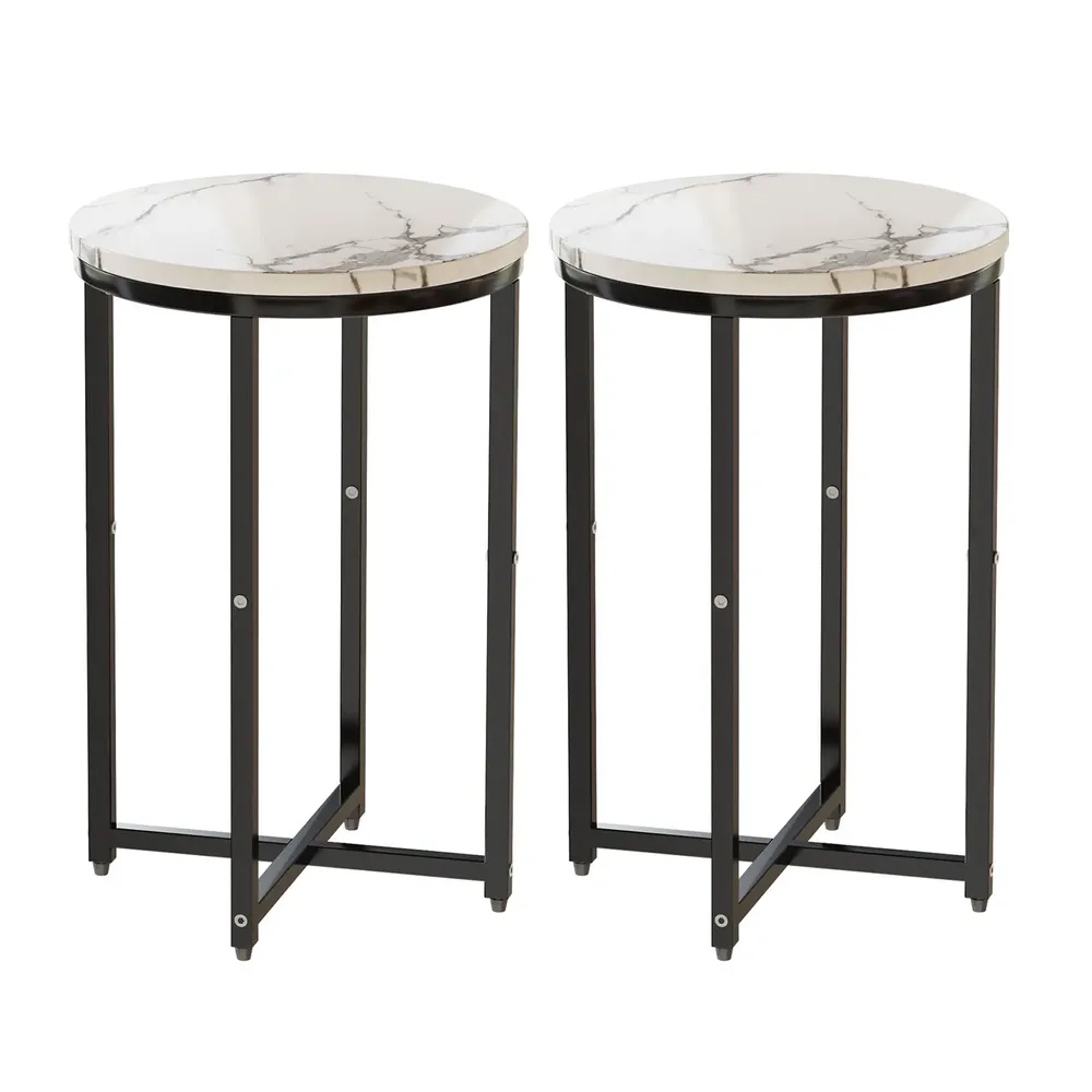 Round End Side Table Set of 2 with Faux Marble Top and Metal Frame Modern Home Decor SKU W36837044