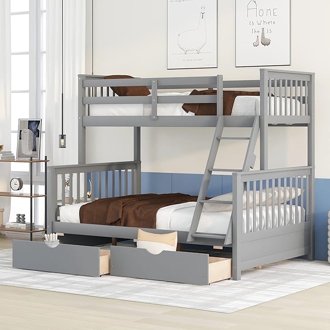 ((SIMILAR))Wooden Bunk Bed with 2 Storage Drawers, Twin Over Full Detachable Bed Frame with Ladder and Full-Length Guardrail for Bedroom,No Boxspring Needed (Grey)