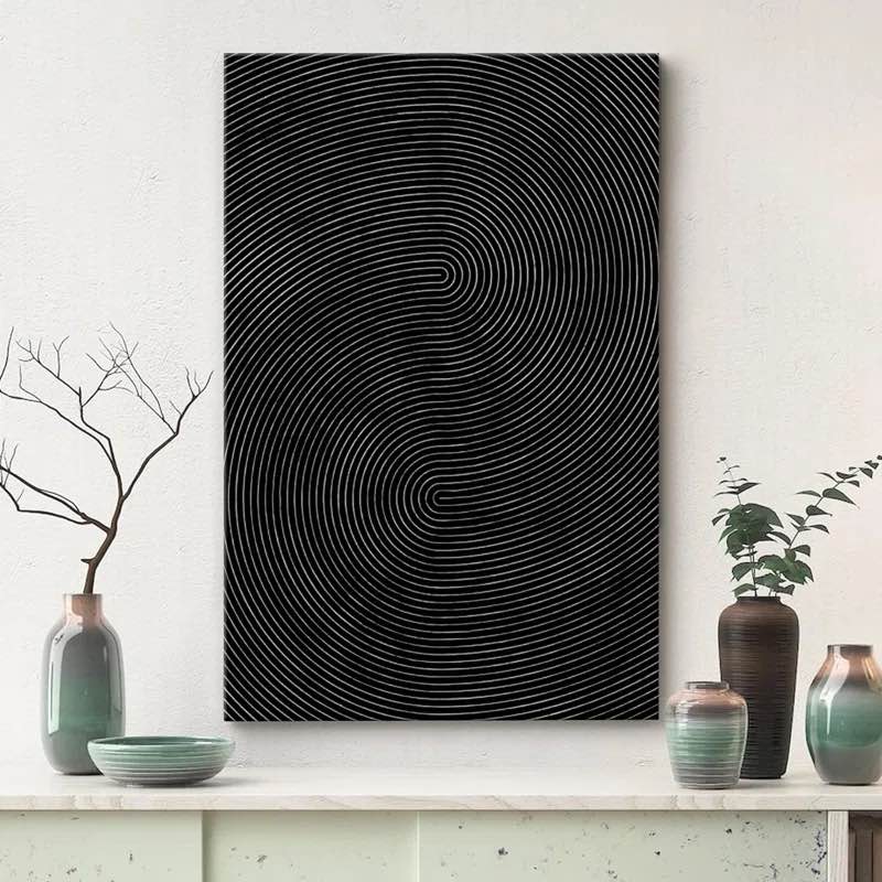 Geometric Line Black Faux 3D Wave Abstract Minimalist Mid Century Modern Frame Canvas Print Wall Art Overall Size: 36" H x 24" W x 1.5" D, Format: Black Floater Frame