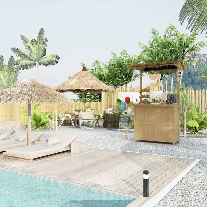 Grand Patio Outdoor Tiki Bar Set, Phuket Wicker Islander Tiki Bar With Acacia Wood Top And Storage For Outdoor Garden Dining