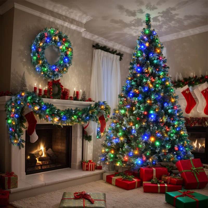 6FT Pre-Lit Pine Christmas Tree & Garland & Wreath Set, 3- Piece Artificial Xmas Tree Set With Red Berries & Pinecones, Colorful Lights