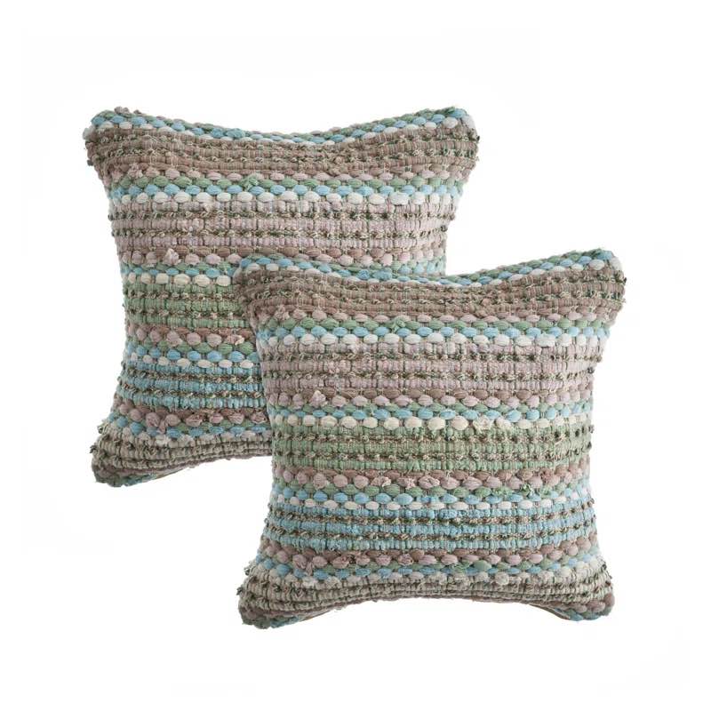 ( incomplete )( Only 1 cushion ) (Set of Two) 18" Beige Blue and Green Striped Cotton Blend Throw Pillows