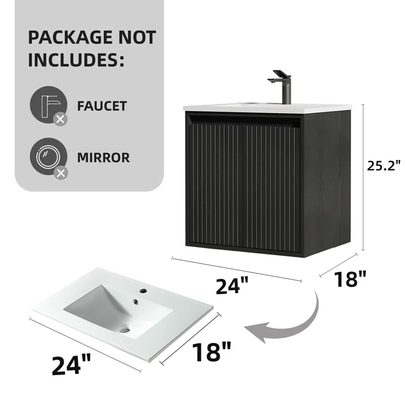 ( incomplete )  ( It’s just the sink) 24 Inch Bathroom Vanity Cabinet with Sink Black Wall Mounted Bathroom Vanities with Ceramic Sink Floating Fluted Sink Vanity with Drawers,Modern,Walnut