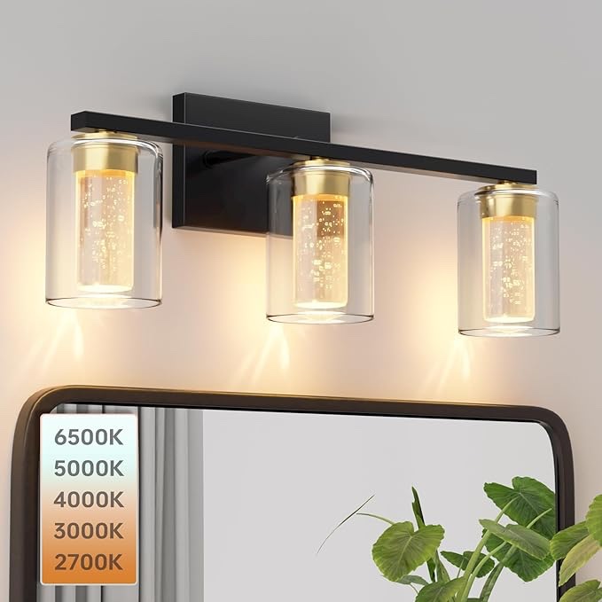 Dimmable 5CCT Bathroom Light Fixtures, 3-Light Vanity Lights Over Mirror Matte Black Wall Sconces, Bathroom Vanity Light with Crystal Bubble & Clear Glass for Washroom Bedroom Hallway