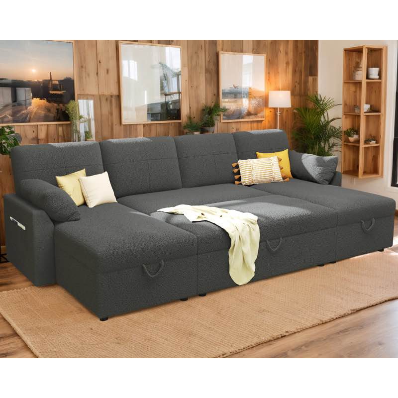 (incomplete)Modern 110 Inch Sofa Bed, Oversized 2 In 1 Pull Out Sleeper Couch With Sectional And Double Storage Chaise, Linen
