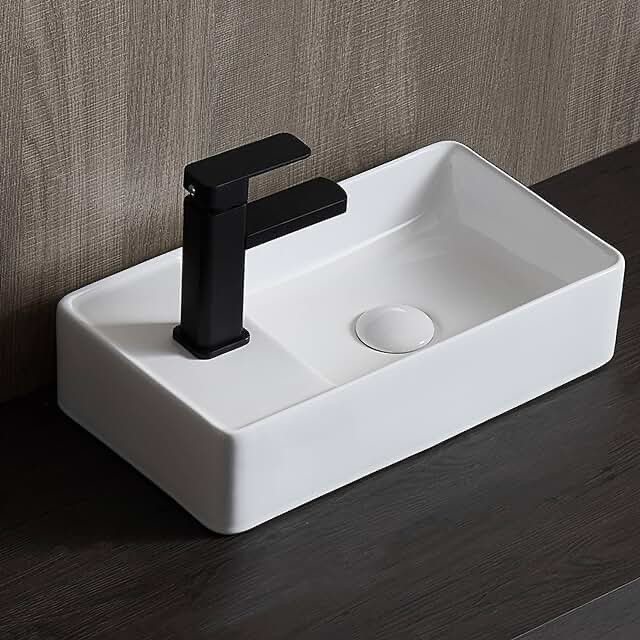 Eridanus Vessel Sink Bathroom Basin, Floating Wall Mount Ceramic Porcelain Rectangle 18" x 10", Modern Mini for Tiny Cloakroom Lavatory Corner Above Counter Vanity Save Space,Glossy White
