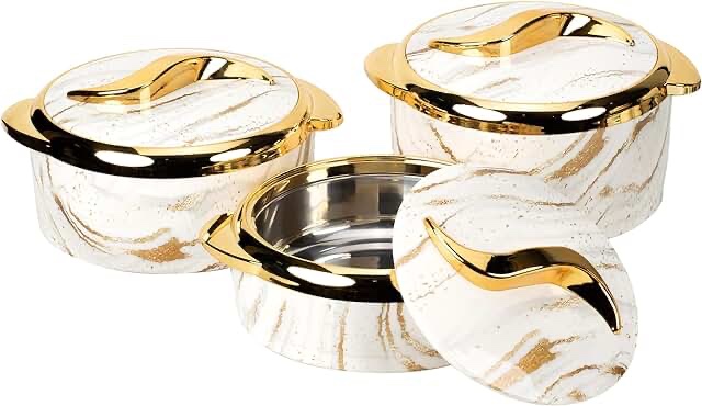 White Insulated Casserole Dish with Lid 3 pc Set, Thermal Serving Bowls Keep Food Hot/Cold, Stainless Steel Warmer for Roti, Salad, Soup, Party(2.6/2.1/1.6 qt) Black Marble 2.6/2.1/1.6 qt