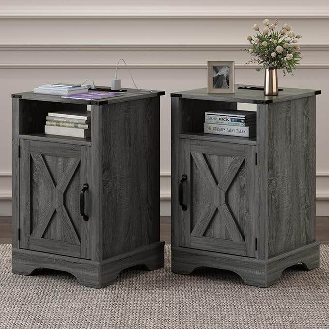 RoyalCraft Nightstand Set of 2 with Charging Station, Tall Farmhouse Bedside Table with Large Storage and Shelf, Wooden End Table with for Bedroom, Living Room(Dark Grey)