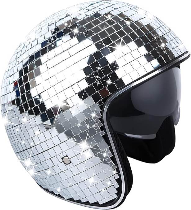 Disco Ball Helmet with Retractable Visor Silver Glitter Mirror Glass Disco Ball Hat Helmet for Women Men DJ Club Stage Bar Party Wedding
