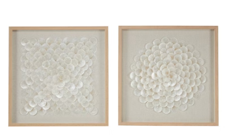 2 Piece Cream Shell Handmade Overlapping Shells Geometric Shadow Box with Canvas Backing Set