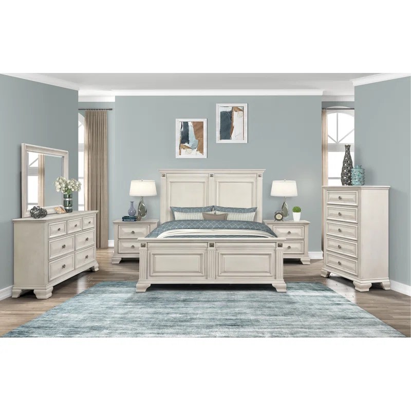 Distressed Parchment Quebec Solid Wood Standard 6 Piece Bedroom Set (Queen ) (Headboard,siderails and mirror only )  