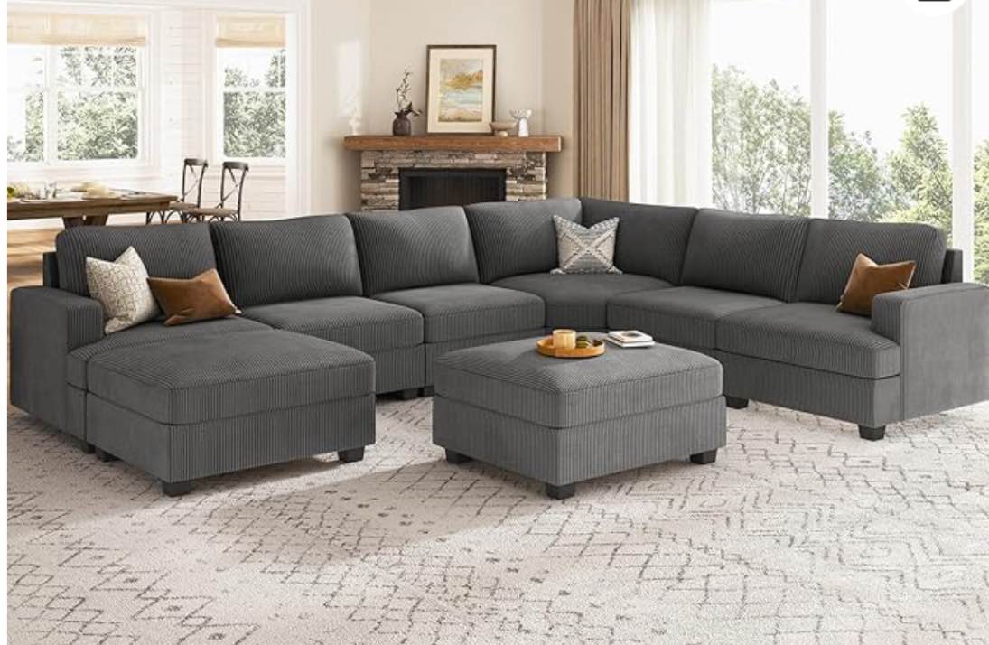 Nolany Sectional Couch with Storage Ottoman, Corduroy Modular Corner Sectional Sofa, U Shape Sectional Couches for Living Room, Dark Grey(incomplete 1 piece only )