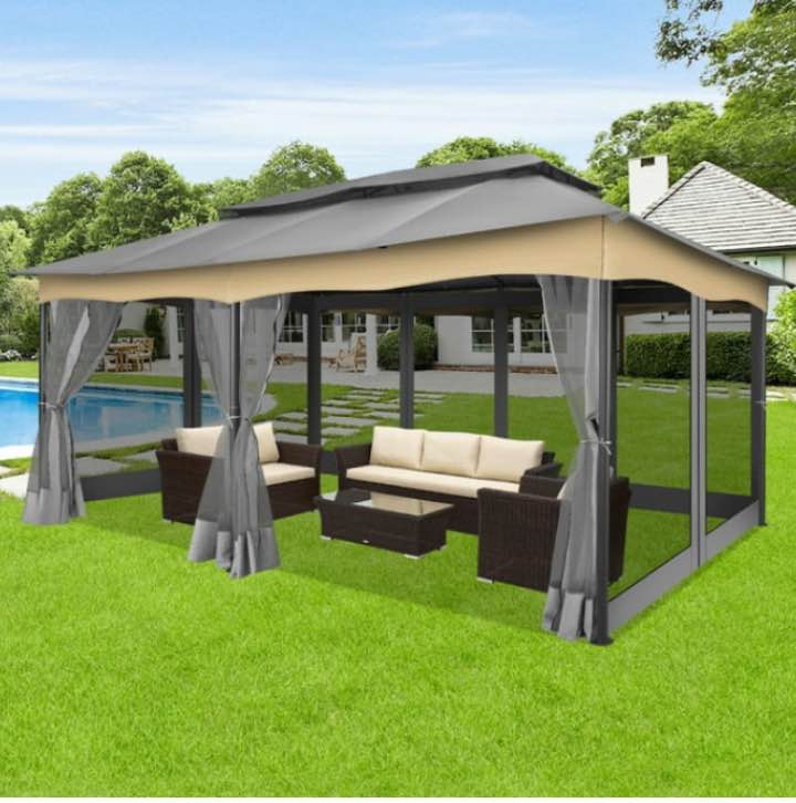 COBIZI 12x20 Outdoor Gazebo With Mosquito Netting Large Backyard Gazebo Tents For Patio, Deck, Party, Backyard With Double Roof Soft Top Screen Gazebo With Metal Steel Frame For Outside, Gray
