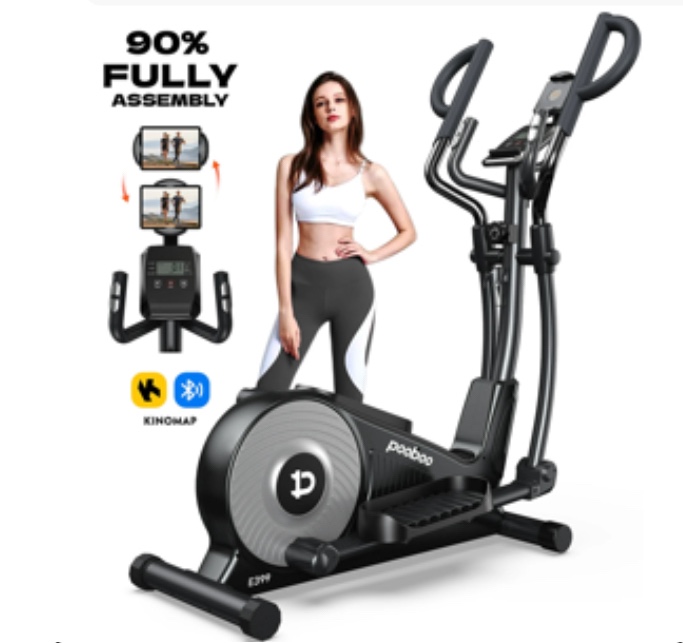Pooboo Elliptical Machine 16 Levels Resistance Built-in Blue Elliptical Trainers with LCD Monitor Smooth Quiet Driven 400lbs Capacity 15.5inch Stride Length