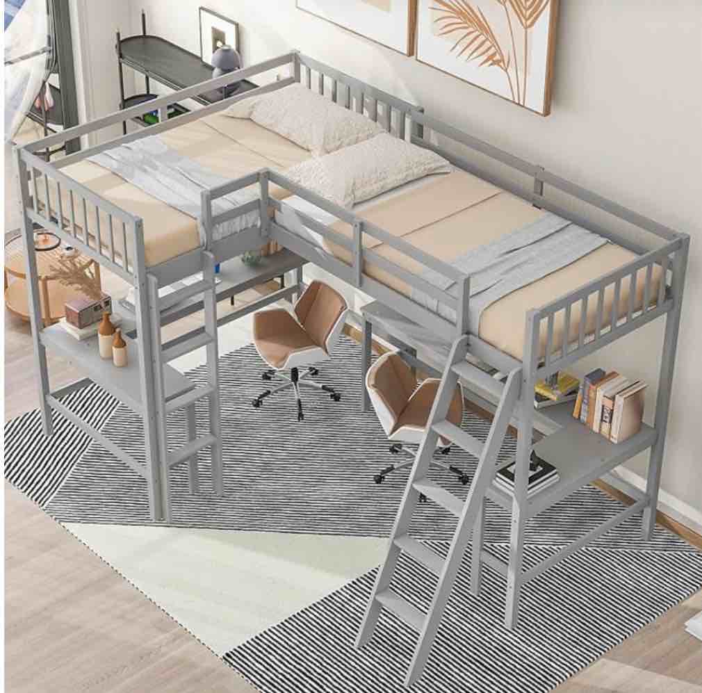 Merax Wood Twin Size L-Shaped Loft Bed with Ladder and 2 Built-in L-Shaped Desks, Grey(incomplete box 1 and 3 of 3 ) 