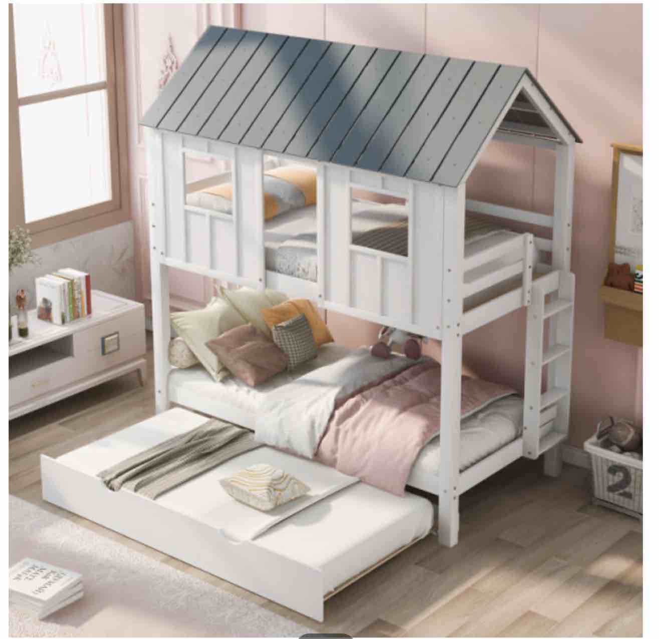 House Bunk Bed with Trundle,Roof and Windows(incomplete box 3 of 3 )