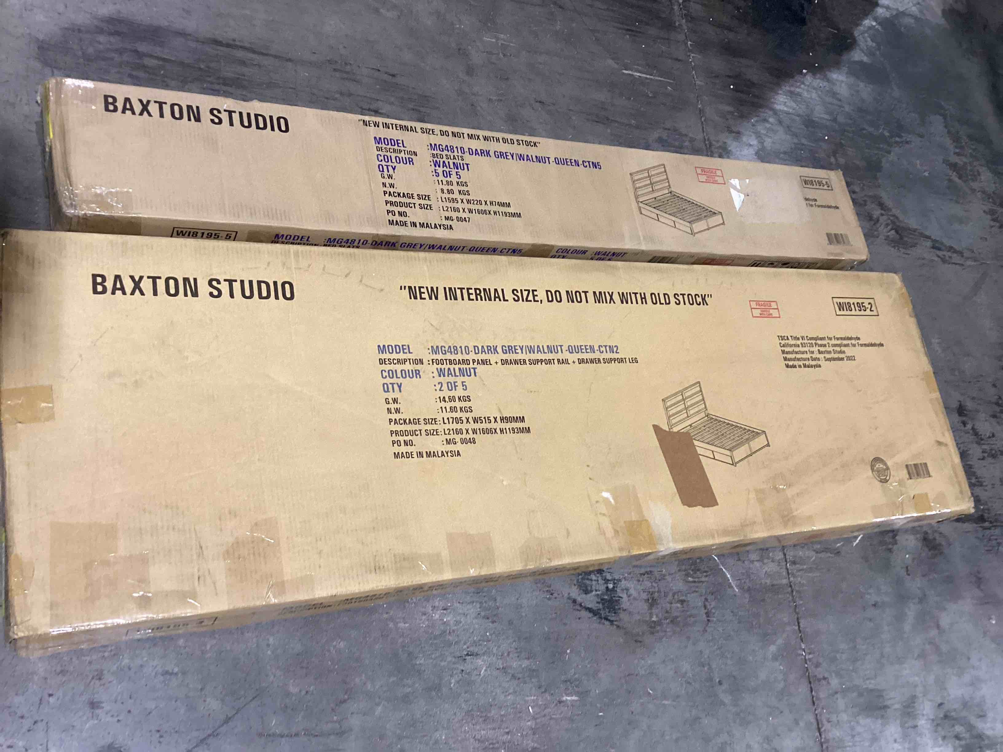 Baxton Studio Macey Dark Grey Fabric Walnut Wood Storage Queen Platform