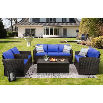 EDYO LIVING Best Home Choice 5-Piece Wicker Patio Conversation Set with Blue Cushions (Incomplete,,Only Left Arm )
