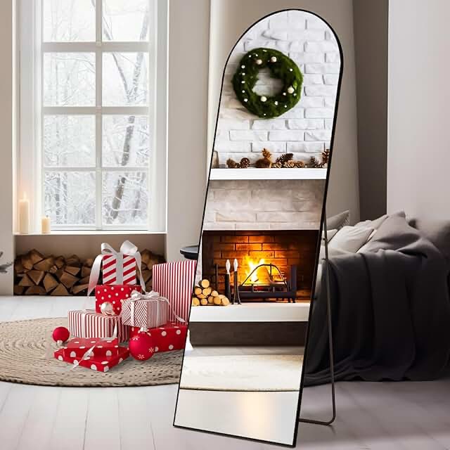 Full Length Mirror, 59"x16" Arched Full Body Floor Mirror Standing Hanging or Leaning Wall, Arch Wall Mirror with Stand Aluminum Alloy Thin Frame for Bedroom Cloakroom