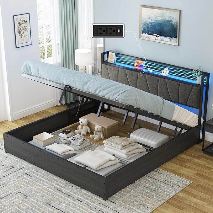 AMERLIFE Queen Size Lift Up Bed Frame with Linen Upholstered & LED Light & Storage Headboard, Platform Bed Frame with Charging Station, No Box Spring Needed, Noisy Free, Black